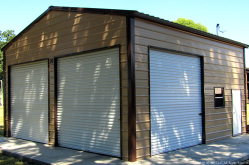 A-frame Vertical 24′ width x 25′ length x 12′ height (2) Sides Closed (2) Ends Closed (1) Bay Opening (3) 10′ x10′ Roll-up Door (1) 34″ x 72″ Walk-in Door (1) Window Extra Braces