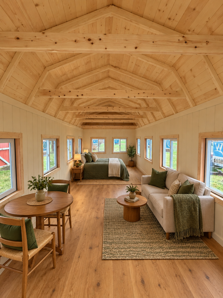 AI interior concept: Cabin-inspired retreat staged from an actual Serious Sheds interior photograph