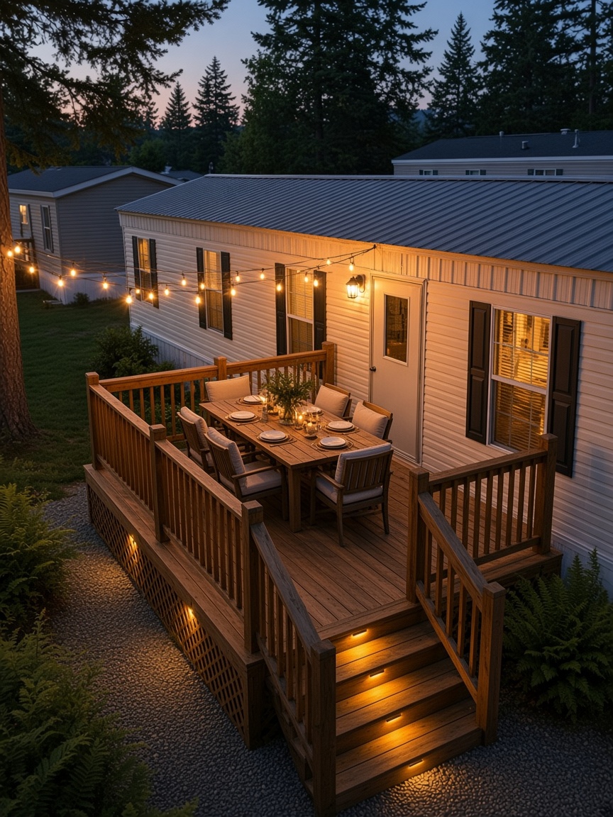 Entertaining deck attached to a home, set for outdoor dining at dusk