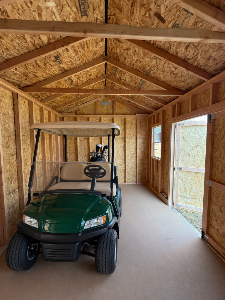 AI interior concept: Golf cart storage staged from an actual Serious Sheds interior photograph