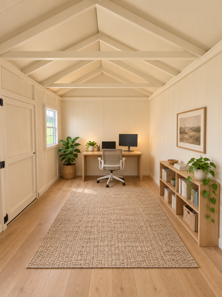AI interior concept: Backyard home office staged from an actual Serious Sheds interior photograph