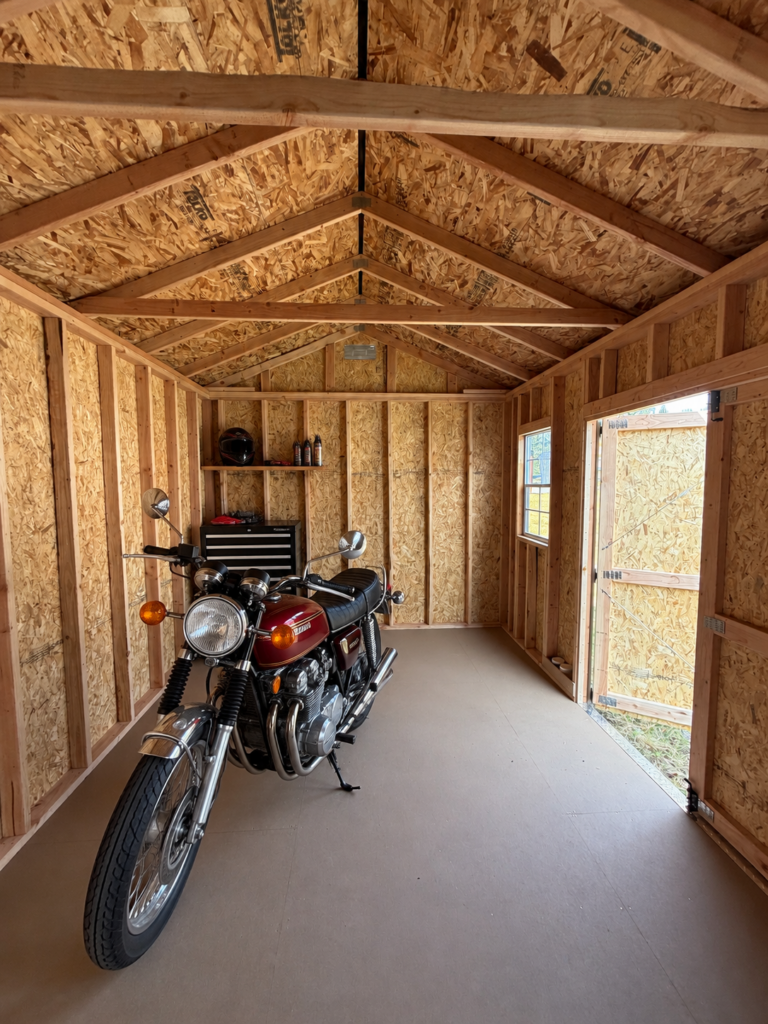 AI interior concept: Motorcycle storage staged from an actual Serious Sheds interior photograph