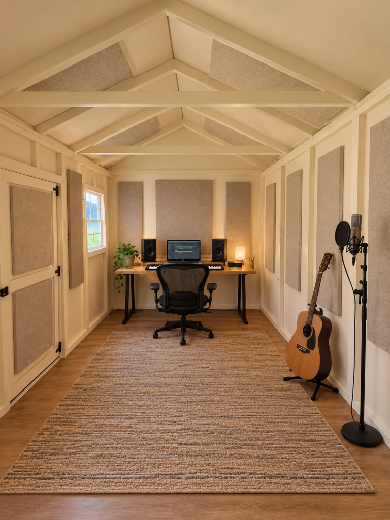 AI interior concept: Music & recording studio staged from an actual Serious Sheds interior photograph
