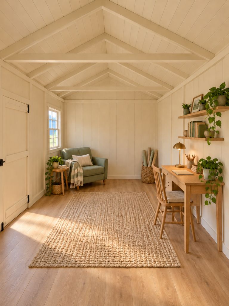 AI interior concept: She shed & creative retreat staged from an actual Serious Sheds interior photograph