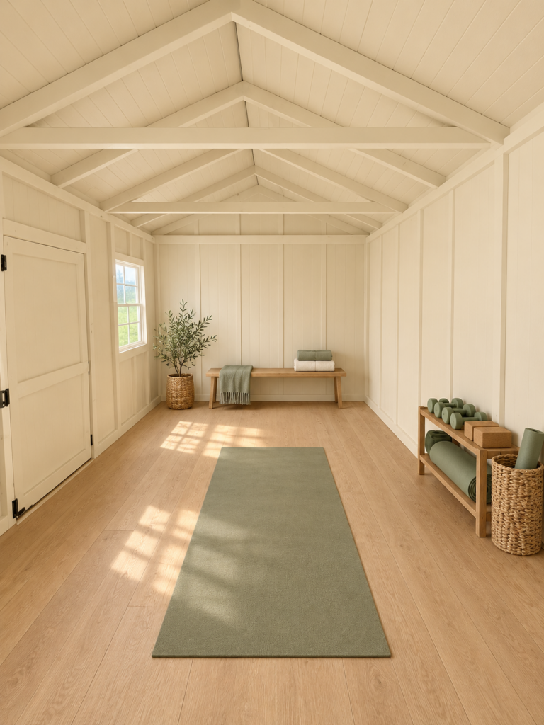 AI interior concept: Yoga & light fitness staged from an actual Serious Sheds interior photograph