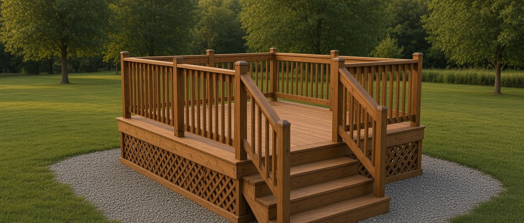 Freestanding wood deck with railing and stairs