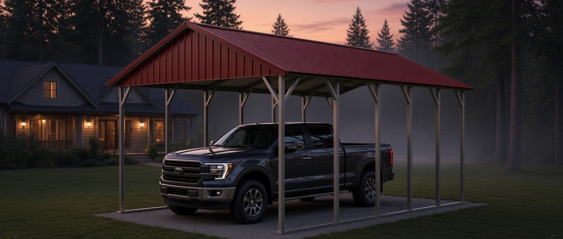 Metal carport protecting a truck